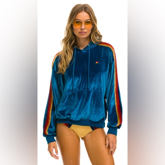 Aviator Nation Tops - Aviator Nation Teal Velour Hoodie with Red & Yellow Sleeve Stripes